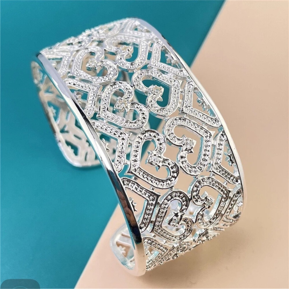 Boho Sterling Silver Zirconia Heart Wide Cuff Bangle Bracelet